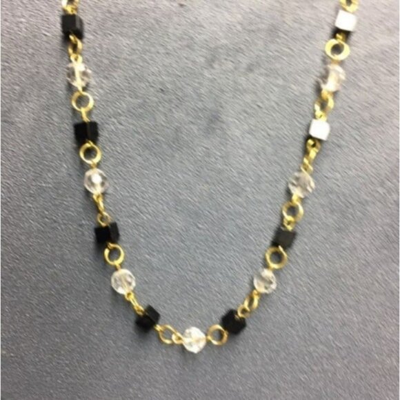 Long Retro Necklace 31 In Gold Chain Black Cube Round Faceted Crystal Classic - Picture 2 of 6